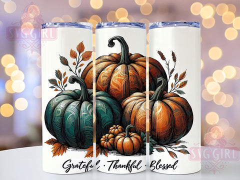 Fall Tumbler, Grateful Thankful Blessed, Autumn Drinkware, 20oz Sublimation, PNG Design, Thanksgiving Gift, Harvest Decor, Seasonal Tumbler Sublimation SvggirlplusArt 