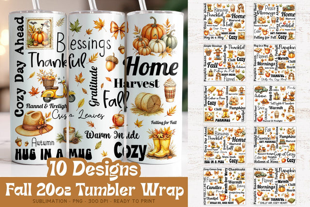 Fall Tumbler Wrap Bundle | 10 Cozy Autumn 20oz PNG Designs Sublimation Petunia Digital Design 