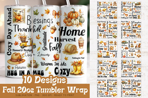 Fall Tumbler Wrap Bundle | 10 Cozy Autumn 20oz PNG Designs Sublimation Petunia Digital Design 