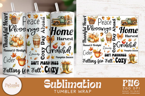 Fall Tumbler Wrap Bundle | 10 Cozy Autumn 20oz PNG Designs Sublimation Petunia Digital Design 