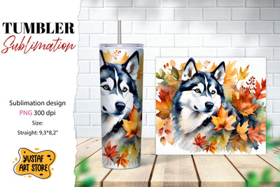 Fall tumbler wrap. Fall dog sublimation design. Husky PNG Sublimation Yustaf Art Store 