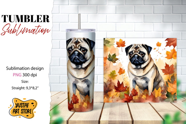Fall tumbler wrap. Fall dog sublimation design. Pug design Sublimation Yustaf Art Store 