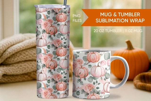 fall tumbler wrap, fall mug wrap, pink pumpkin Sublimation KMarinaDesign 