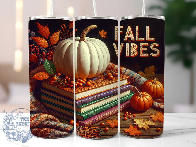 Fall Vibes Books Pumpkin 20oz Skinny Tumbler PNG, Autumn Tumbler Wrap, Sublimation Design, Straight & Tapered Tumbler Wrap, Instant Digital Download Sublimation ToriDesigns 