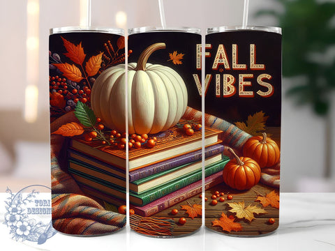 Fall Vibes Books Pumpkin 20oz Skinny Tumbler PNG, Autumn Tumbler Wrap, Sublimation Design, Straight & Tapered Tumbler Wrap, Instant Digital Download Sublimation ToriDesigns 
