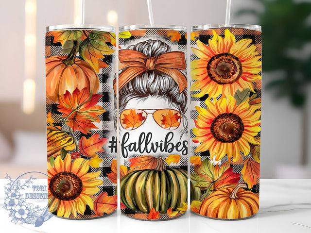 Fall Vibes Glitter Sunflower Tumbler, Glitter Sunflower Tumbler, Messy Bun Tumbler, 20oz Tumbler Wrap, Sublimation Design, Autumn Tumbler, Custom Fall Tumbler Sublimation ToriDesigns 