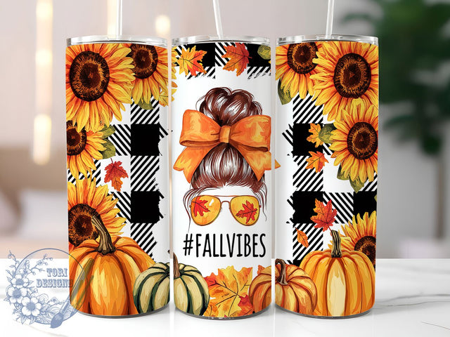 Fall Vibes Glitter Sunflower Tumbler, Glitter Sunflower Tumbler, Messy Bun Tumbler, 20oz Tumbler Wrap, Sublimation Design, Autumn Tumbler, Custom Fall Tumbler Sublimation ToriDesigns 