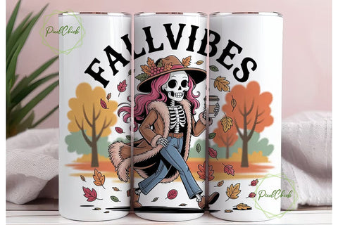 Fall Vibes Skeleton 20oz Tumbler Wrap Sublimation PixelChick 