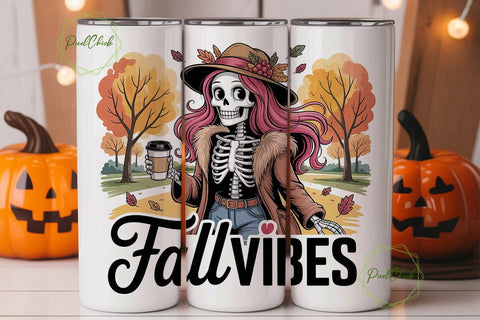 Fall Vibes Skeleton 20oz Tumbler Wrap Sublimation PixelChick 