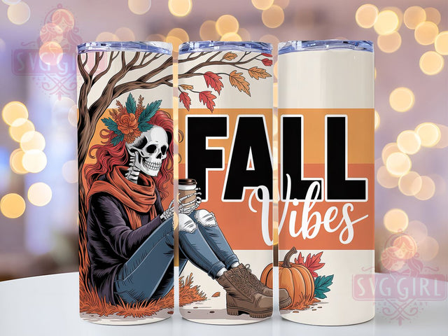 Fall Vibes Skeleton Halloween Tumbler, Skeleton Tumbler Wrap, 20Oz Tumbler Sublimation, Autumn Aesthetic Drinkware, Spooky Season Gift, Halloween Coffee Tumbler, Cozy Fall Skeleton Design Sublimation SvggirlplusArt 