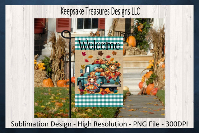 Fall Welcome Scarecrow Garden Flag Design, Sublimation Png, Teal Farm Truck, Digital Download, Printable Png Sublimation Keepsake Treasures Designs LLC. 