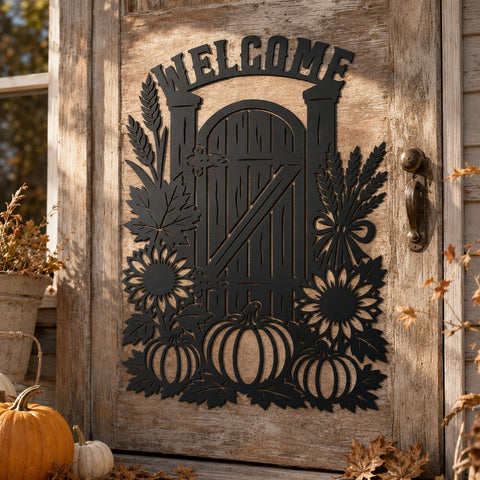 Fall Welcome Sign Laser SVG | Autumn Gate SVG | Pumpkin Sunflower Svg | Fall Porch Decor Dxf | Autumn Metal Wall Art | CNC Plasma Cut File SVG HappyDesignStudio 
