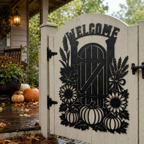 Fall Welcome Sign Laser SVG | Autumn Gate SVG | Pumpkin Sunflower Svg | Fall Porch Decor Dxf | Autumn Metal Wall Art | CNC Plasma Cut File SVG HappyDesignStudio 