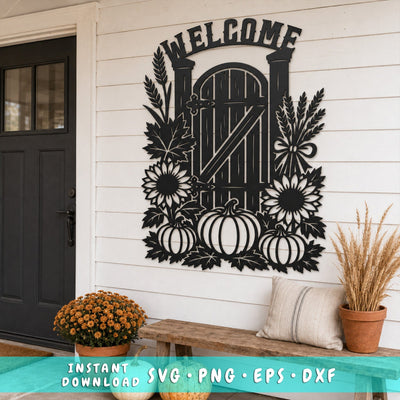 Fall Welcome Sign Laser SVG | Autumn Gate SVG | Pumpkin Sunflower Svg | Fall Porch Decor Dxf | Autumn Metal Wall Art | CNC Plasma Cut File SVG HappyDesignStudio 