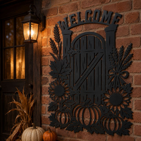 Fall Welcome Sign Laser SVG | Autumn Gate SVG | Pumpkin Sunflower Svg | Fall Porch Decor Dxf | Autumn Metal Wall Art | CNC Plasma Cut File SVG HappyDesignStudio 