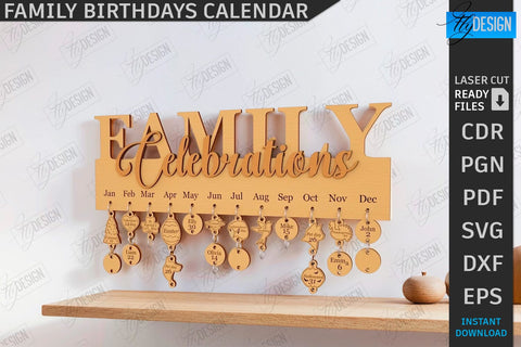 Family Birthdays Calendars Laser Cut Bundle | Wall Calendar | Home Décor | Perpetual Calendar | Family Sign SVG | Wood Eternal Calendar | 3D Wall Calendar | Happy Birthday SVG | Never Ending Calendar | CNC Files SVG Fly Design 