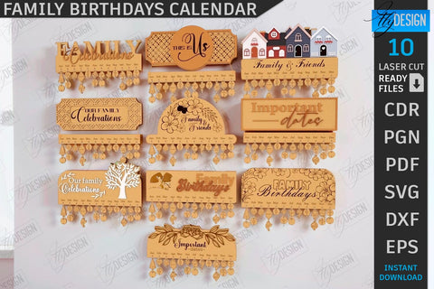 Family Birthdays Calendars Laser Cut Bundle | Wall Calendar | Home Décor | Perpetual Calendar | Family Sign SVG | Wood Eternal Calendar | 3D Wall Calendar | Happy Birthday SVG | Never Ending Calendar | CNC Files SVG Fly Design 