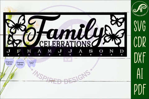 Family celebrations Butterflies Calendar SVG laser cut file SVG APInspireddesigns 
