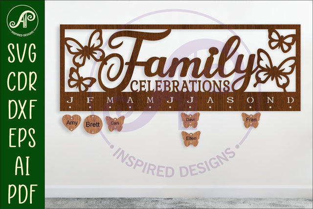 Family celebrations Butterflies Calendar SVG laser cut file SVG APInspireddesigns 