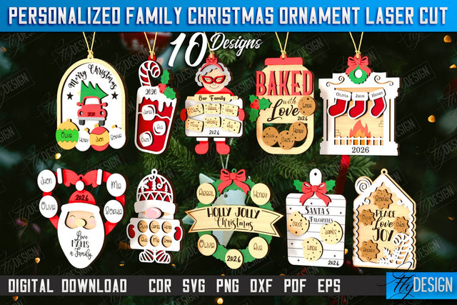 Family Christmas Ornaments Laser Cut Bundle | Layered Christmas Tree Toy | Christmas Décor | Holidays | Personalized Hanging Tree Toy | CNC Files SVG Fly Design 