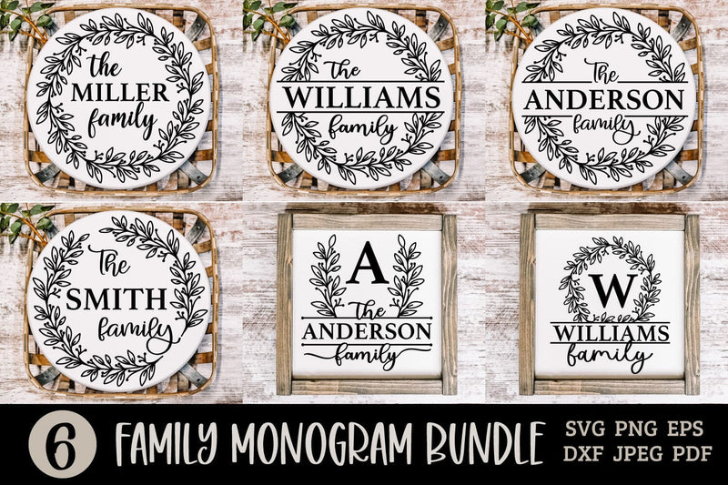 Family Monogram SVG Bundle with 6 Farmhouse Style Round Signs - So Fontsy