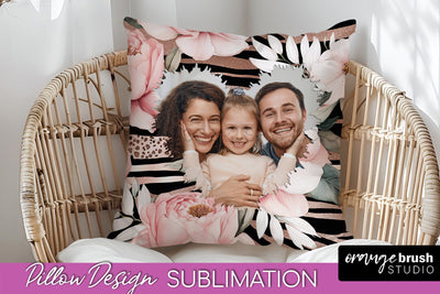 Family Photo Frame Pillow Sublimation - Floral Pillow Cover Sublimation OrangeBrushStudio 