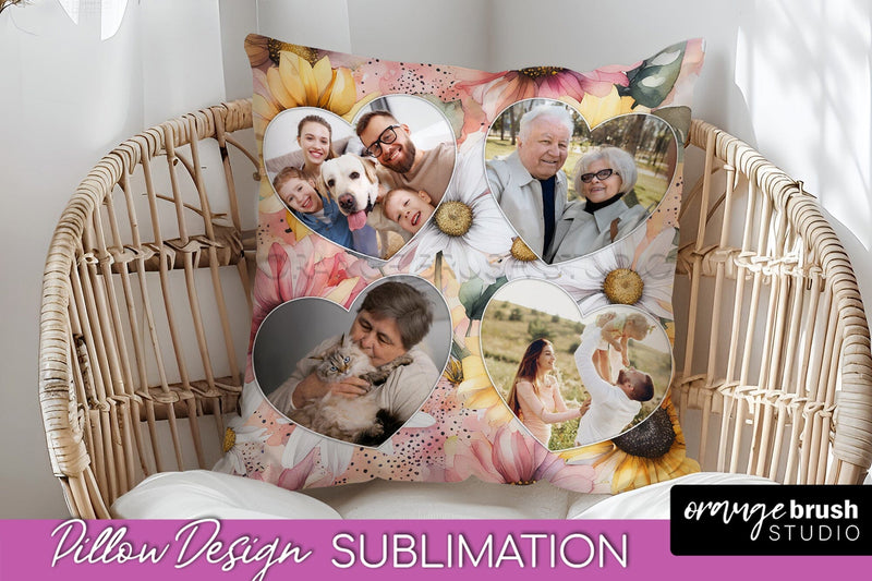 Family Photo Frame Pillow Sublimation - Floral Pillow Cover Sublimation OrangeBrushStudio 