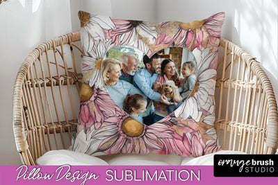 Family Photo Frame Pillow Sublimation - Floral Pillow Cover Sublimation OrangeBrushStudio 