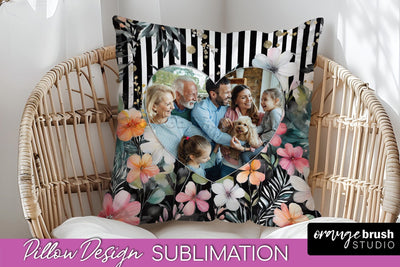 Family Photo Frame Pillow Sublimation - Floral Pillow Cover Sublimation OrangeBrushStudio 