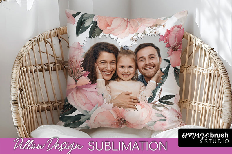 Family Photo Frame Pillow Sublimation - Floral Pillow Cover Sublimation OrangeBrushStudio 