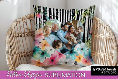 Family Photo Frame Pillow Sublimation - Floral Pillow Cover Sublimation OrangeBrushStudio 