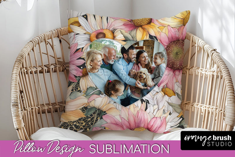 Family Photo Frame Pillow Sublimation - Floral Pillow Cover Sublimation OrangeBrushStudio 