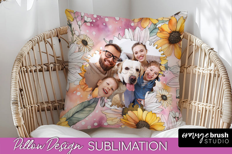 Family Photo Frame Pillow Sublimation - Floral Pillow Cover Sublimation OrangeBrushStudio 