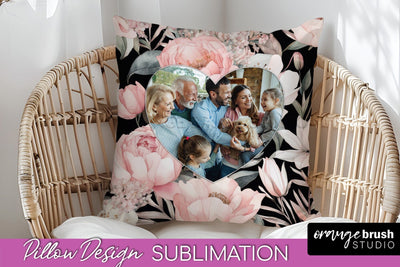 Family Photo Frame Pillow Sublimation - Floral Pillow Cover Sublimation OrangeBrushStudio 