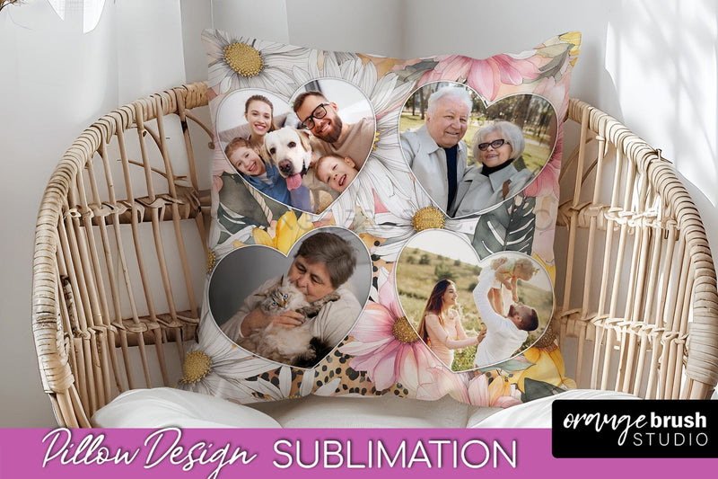 Family Photo Frame Pillow Sublimation - Floral Pillow Cover Sublimation OrangeBrushStudio 