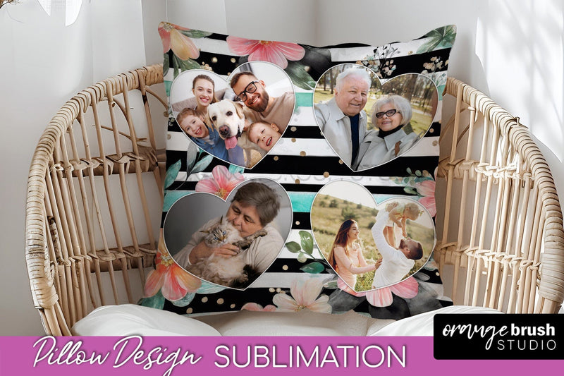 Family Photo Frame Pillow Sublimation - Floral Pillow Cover Sublimation OrangeBrushStudio 