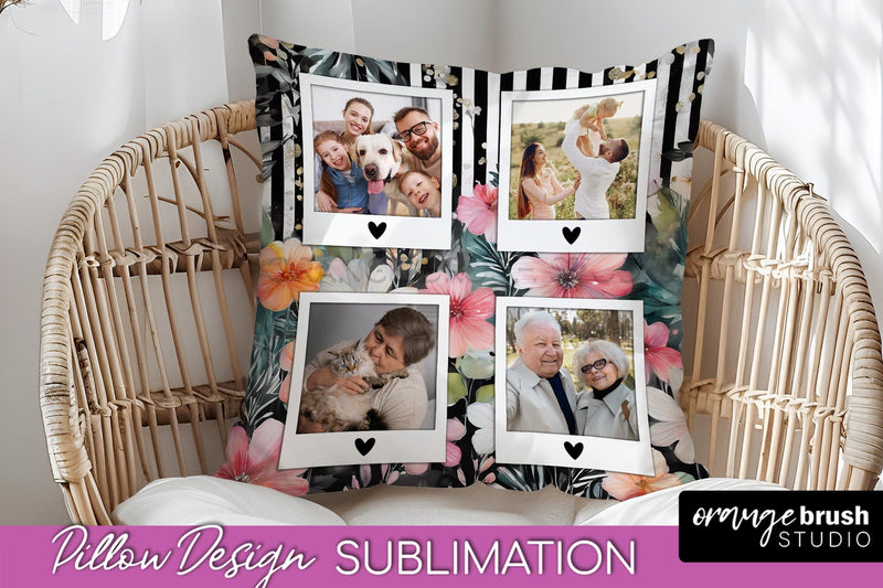 Family Photo Frame Pillow Sublimation - Floral Pillow Cover Sublimation OrangeBrushStudio 