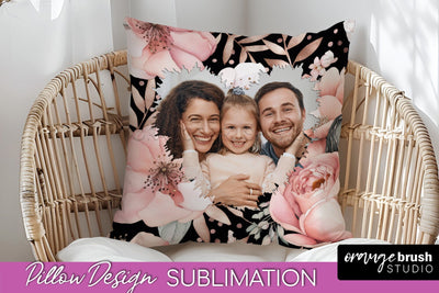 Family Photo Frame Pillow Sublimation - Floral Pillow Cover Sublimation OrangeBrushStudio 