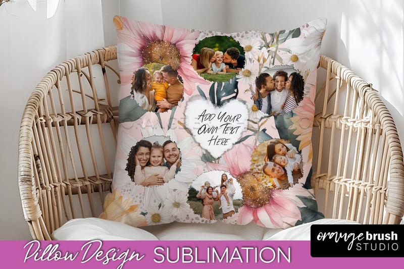 Family Photo Frame Pillow Sublimation - Floral Pillow Cover Sublimation OrangeBrushStudio 