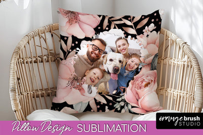 Family Photo Frame Pillow Sublimation - Floral Pillow Cover Sublimation OrangeBrushStudio 
