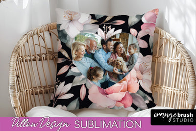 Family Photo Frame Pillow Sublimation - Floral Pillow Cover Sublimation OrangeBrushStudio 