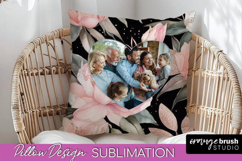 Family Photo Frame Pillow Sublimation - Floral Pillow Cover Sublimation OrangeBrushStudio 