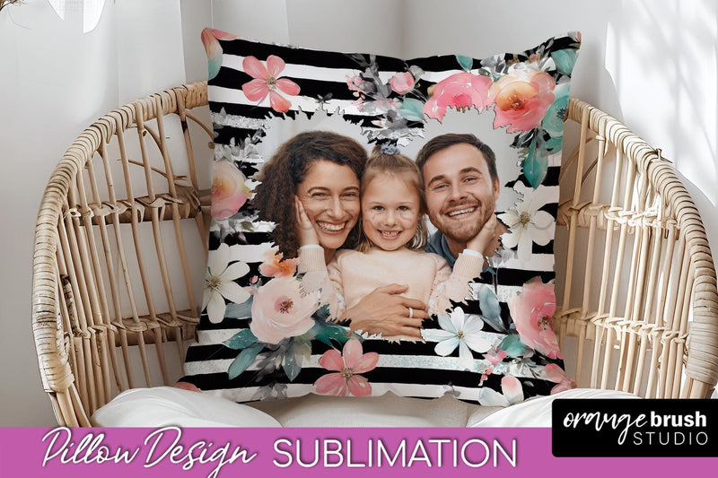 Family Photo Frame Pillow Sublimation - Floral Pillow Cover Sublimation OrangeBrushStudio 