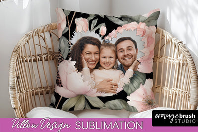 Family Photo Frame Pillow Sublimation - Floral Pillow Cover Sublimation OrangeBrushStudio 