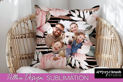 Family Photo Frame Pillow Sublimation - Floral Pillow Cover Sublimation OrangeBrushStudio 