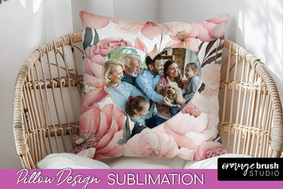 Family Photo Frame Pillow Sublimation - Floral Pillow Cover Sublimation OrangeBrushStudio 