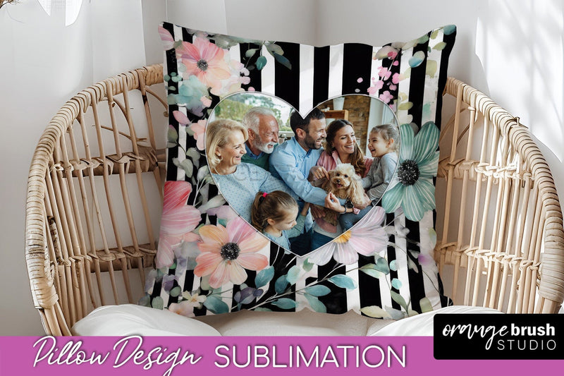 Family Photo Frame Pillow Sublimation - Floral Pillow Cover Sublimation OrangeBrushStudio 
