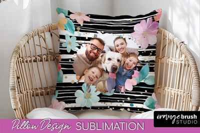 Family Photo Frame Pillow Sublimation - Floral Pillow Cover Sublimation OrangeBrushStudio 