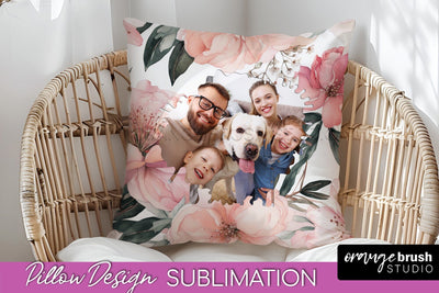 Family Photo Frame Pillow Sublimation - Floral Pillow Cover Sublimation OrangeBrushStudio 