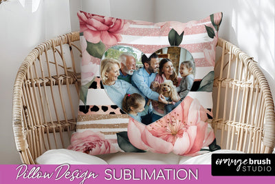 Family Photo Frame Pillow Sublimation - Floral Pillow Cover Sublimation OrangeBrushStudio 